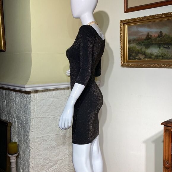 Bebe Stretch Metallic Black & Gold Bodycon Mini Dress 3/4 Sleeves - Picture 7 of 10